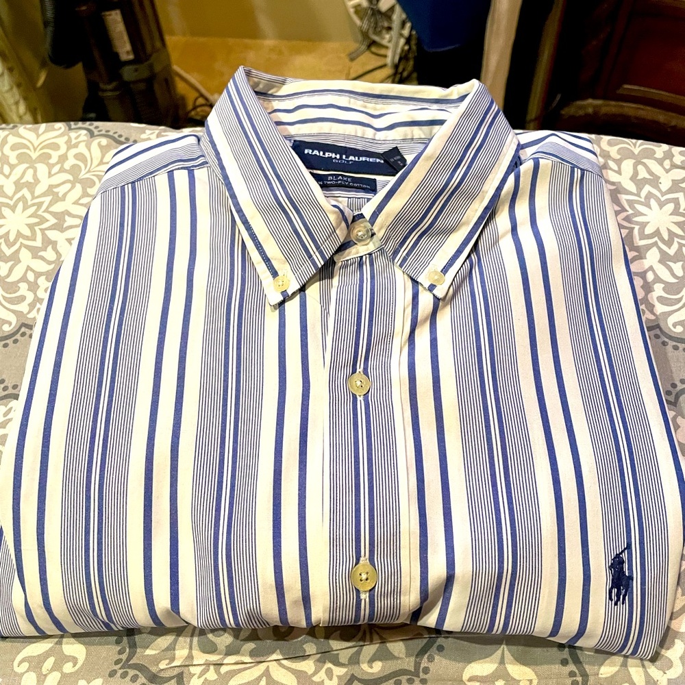 Polo by Ralph Lauren button down long sleeve,  blue and white striped.